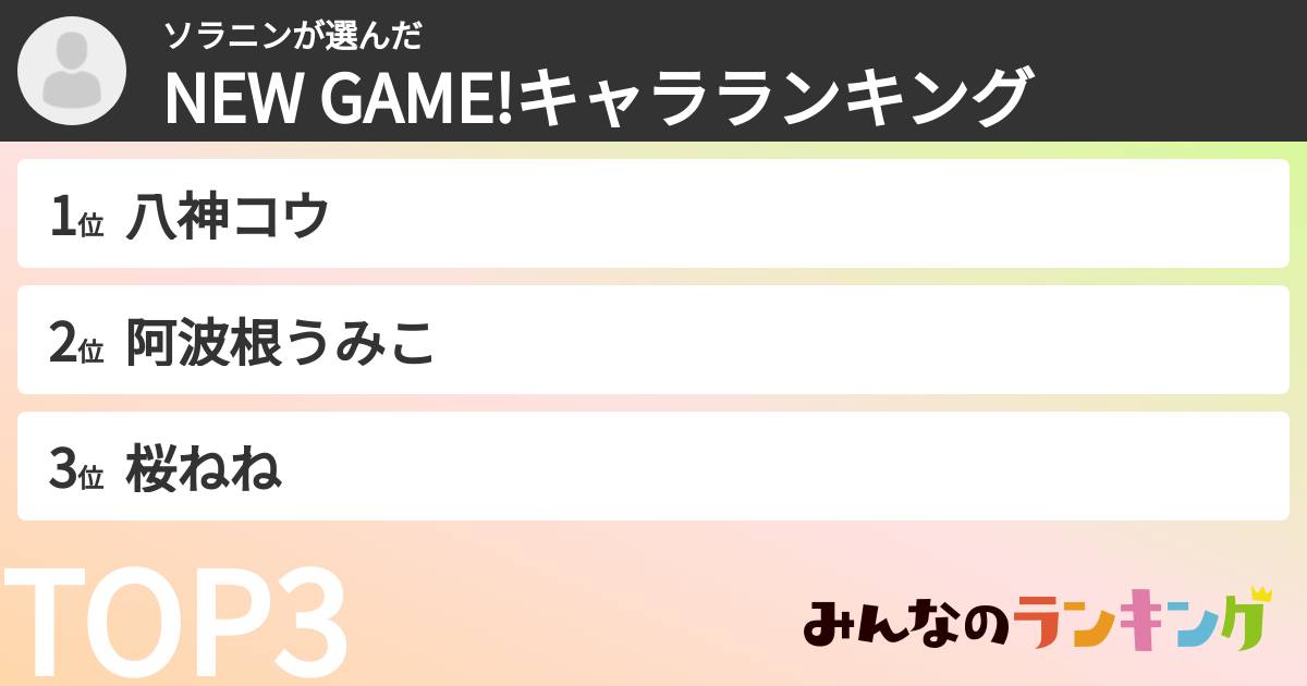 ソラニンさんの「NEW GAME!キャラランキング」