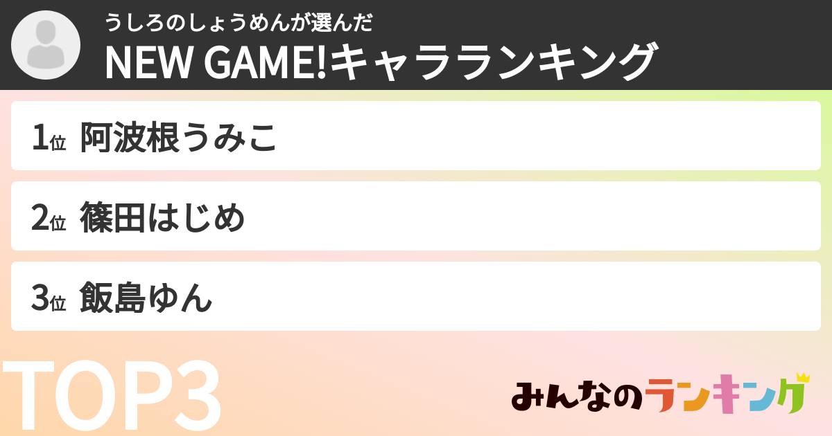 うしろのしょうめんさんの「NEW GAME!キャラランキング」