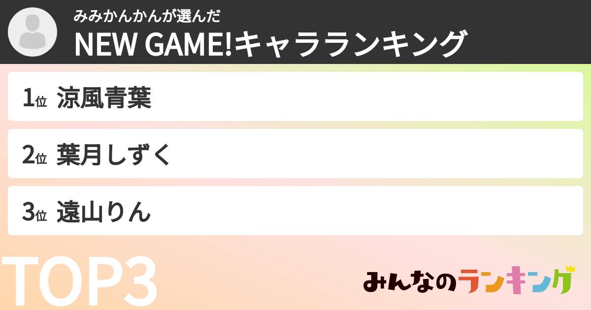 みみかんかんさんの「NEW GAME!キャラランキング」
