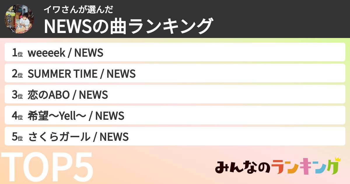 イワさんさんの「NEWSの曲ランキング」
