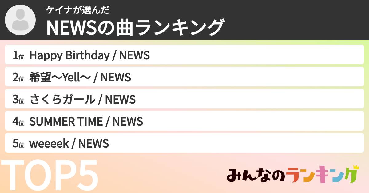 ケイナさんの「NEWSの曲ランキング」