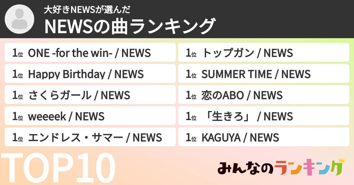 大好きNEWSさんの「NEWSの曲ランキング」