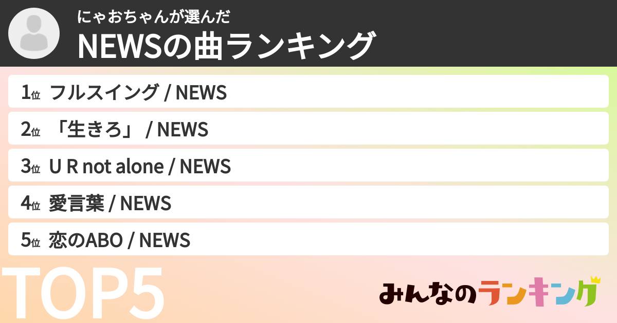 にゃおちゃんさんの「NEWSの曲ランキング」