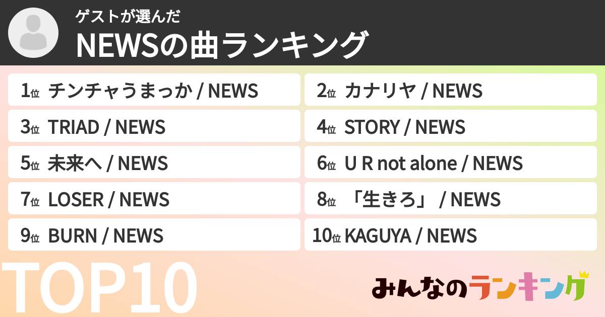 ゲストさんの「NEWSの曲ランキング」