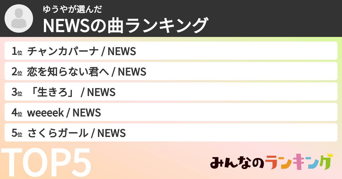 ゆうやさんの「NEWSの曲ランキング」