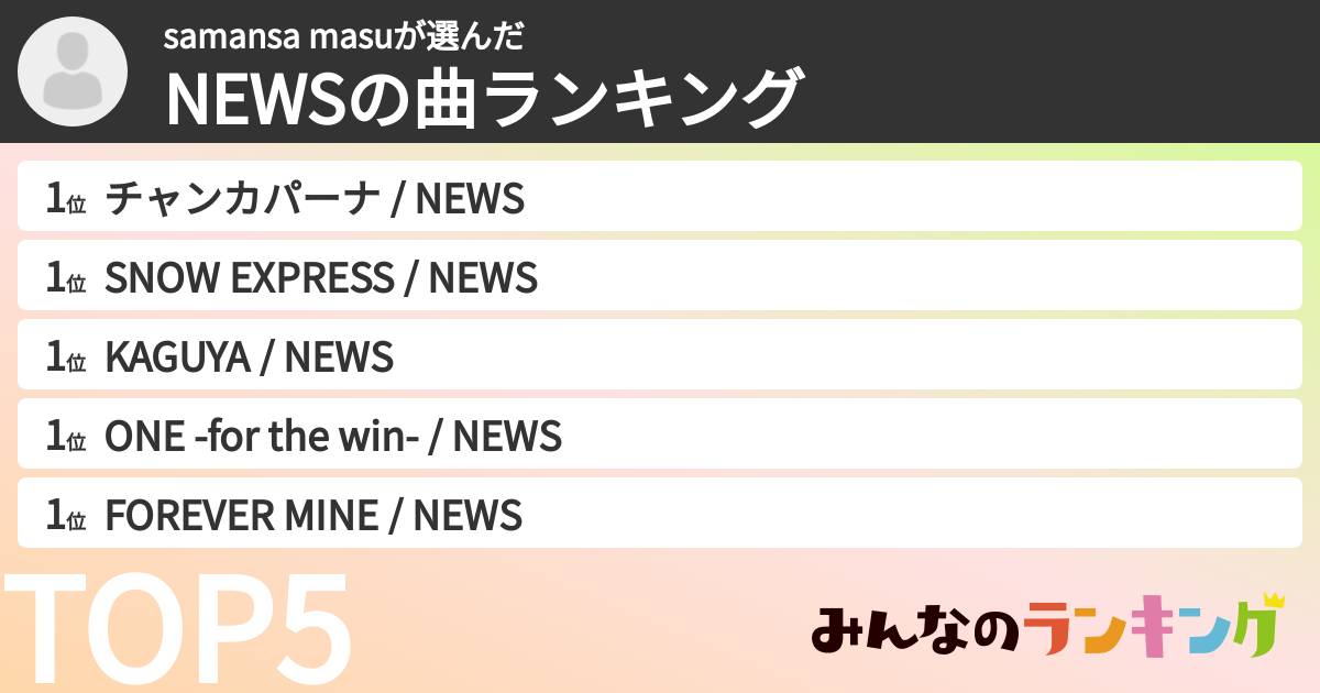 samansa masuさんの「NEWSの曲ランキング」