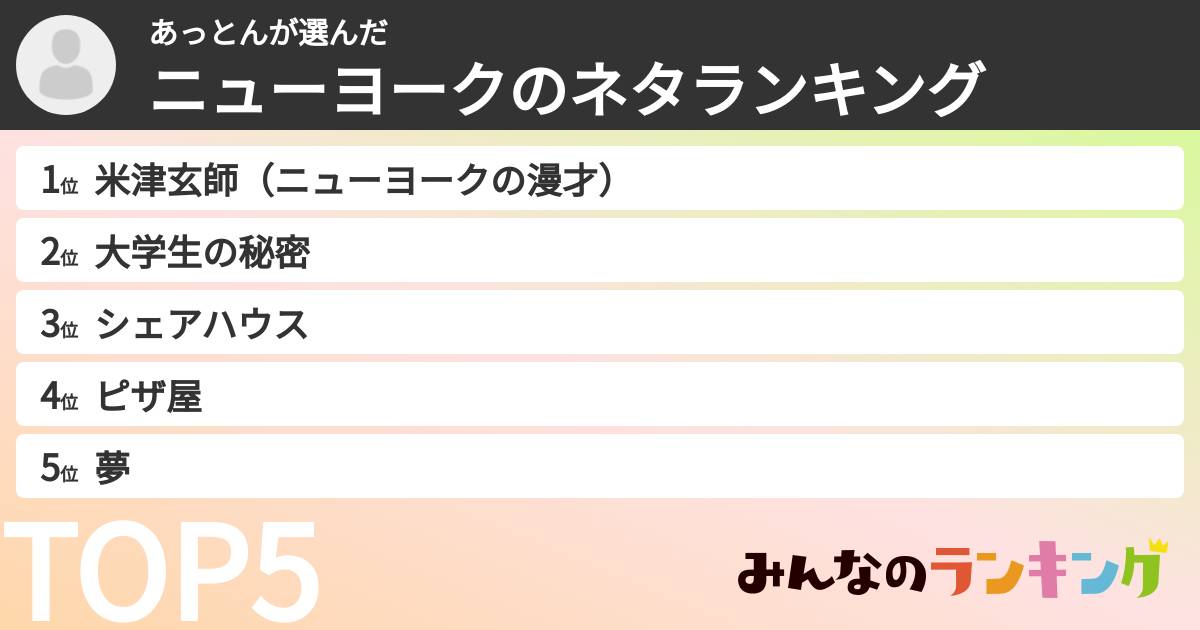 あっとんさんの「ニューヨークのネタランキング」