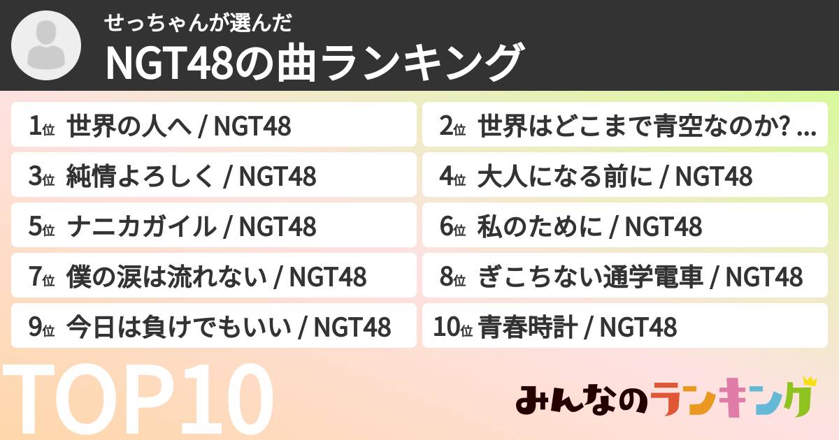 せっちゃんさんの「NGT48の曲ランキング」