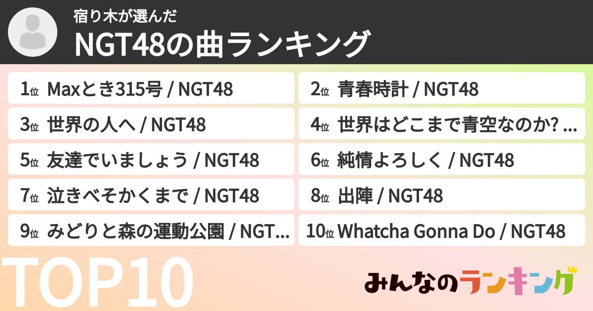 宿り木さんの「NGT48の曲ランキング」