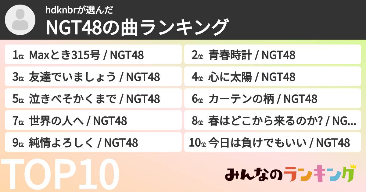 hdknbrさんの「NGT48の曲ランキング」