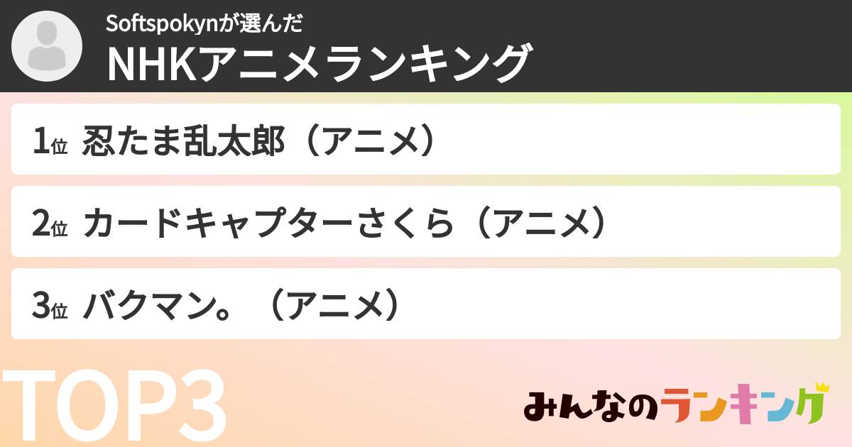 Softspokynさんの「NHKアニメランキング」