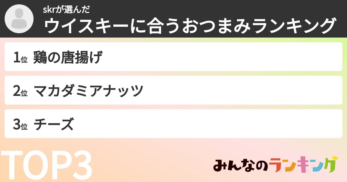 skrさんの「ウイスキーに合うおつまみランキング」
