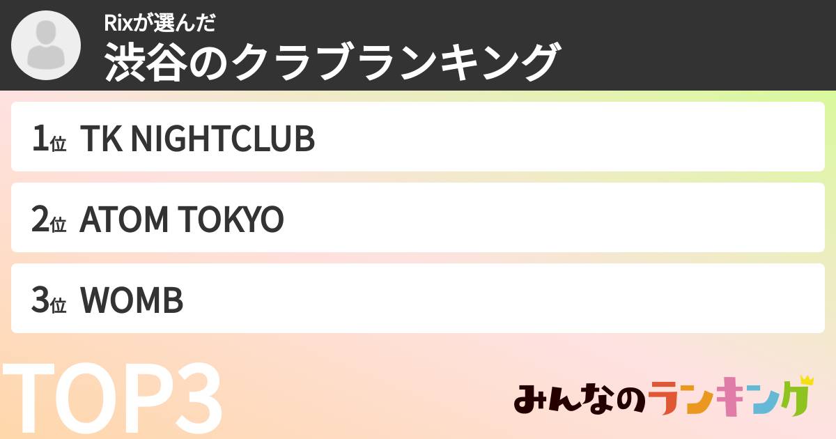 Rixさんの「渋谷のクラブランキング」