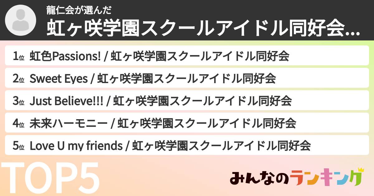 龍仁会さんの「虹ヶ咲学園スクールアイドル同好会の曲ランキング」