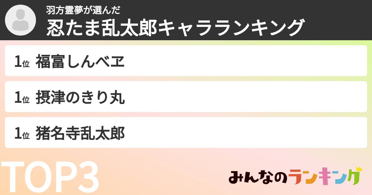 羽方霊夢さんの「忍たま乱太郎キャラランキング」