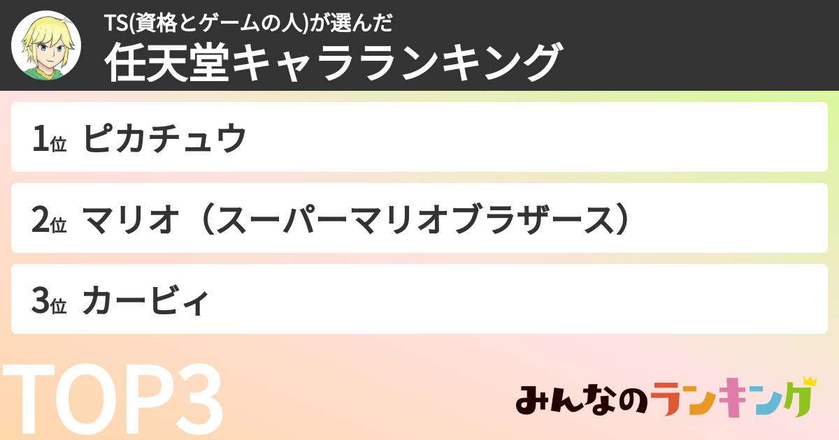 TS(資格とゲームの人)さんの「任天堂キャラランキング」