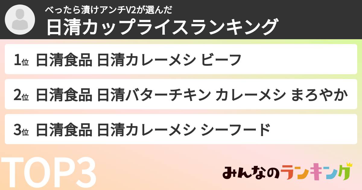 べったら漬けアンチV2さんの「日清カップライスランキング」