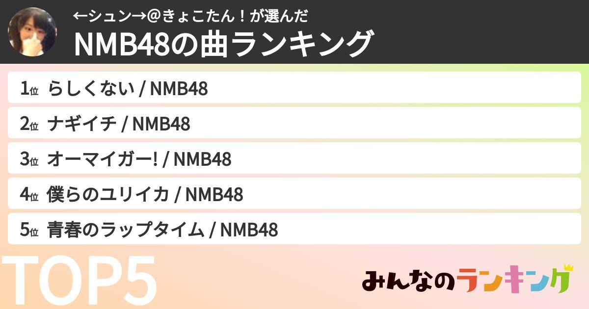 ←シュン→＠きょこたん！さんの「NMB48の曲ランキング」