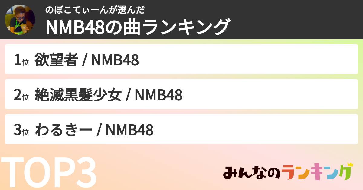 のぼこてぃーんさんの「NMB48の曲ランキング」