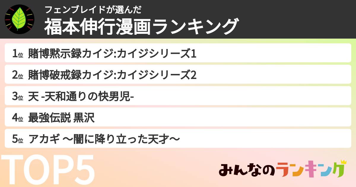 フェンブレイドさんの「福本伸行漫画ランキング」