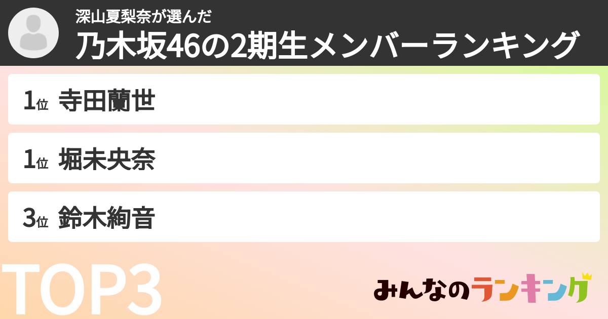深山夏梨奈さんの「乃木坂46の2期生メンバーランキング」