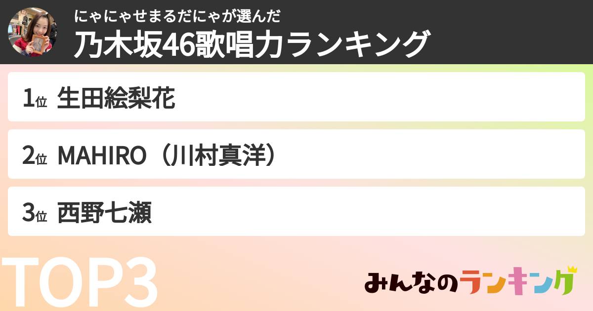 にゃにゃせまるだにゃさんの「乃木坂46歌唱力ランキング」