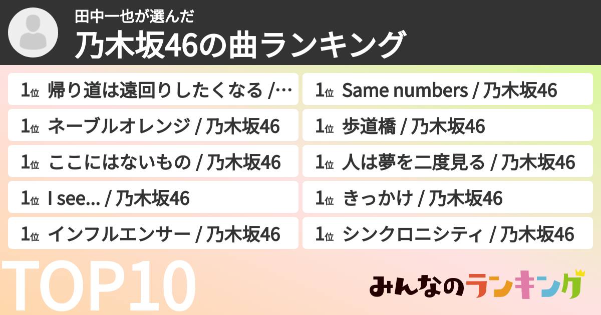 田中一也さんの「乃木坂46の曲ランキング」