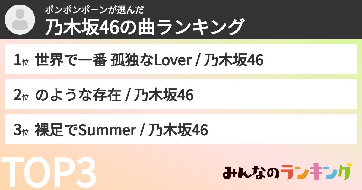 ポンポンポーンさんの「乃木坂46の曲ランキング」