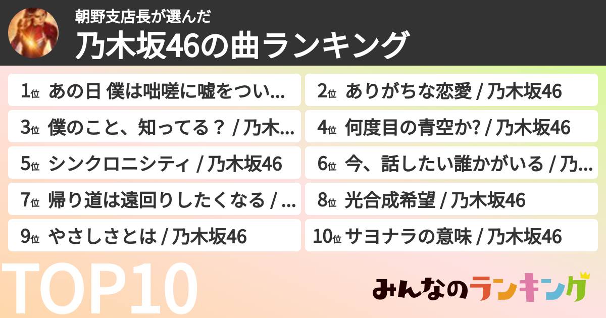 朝野支店長さんの「乃木坂46の曲ランキング」