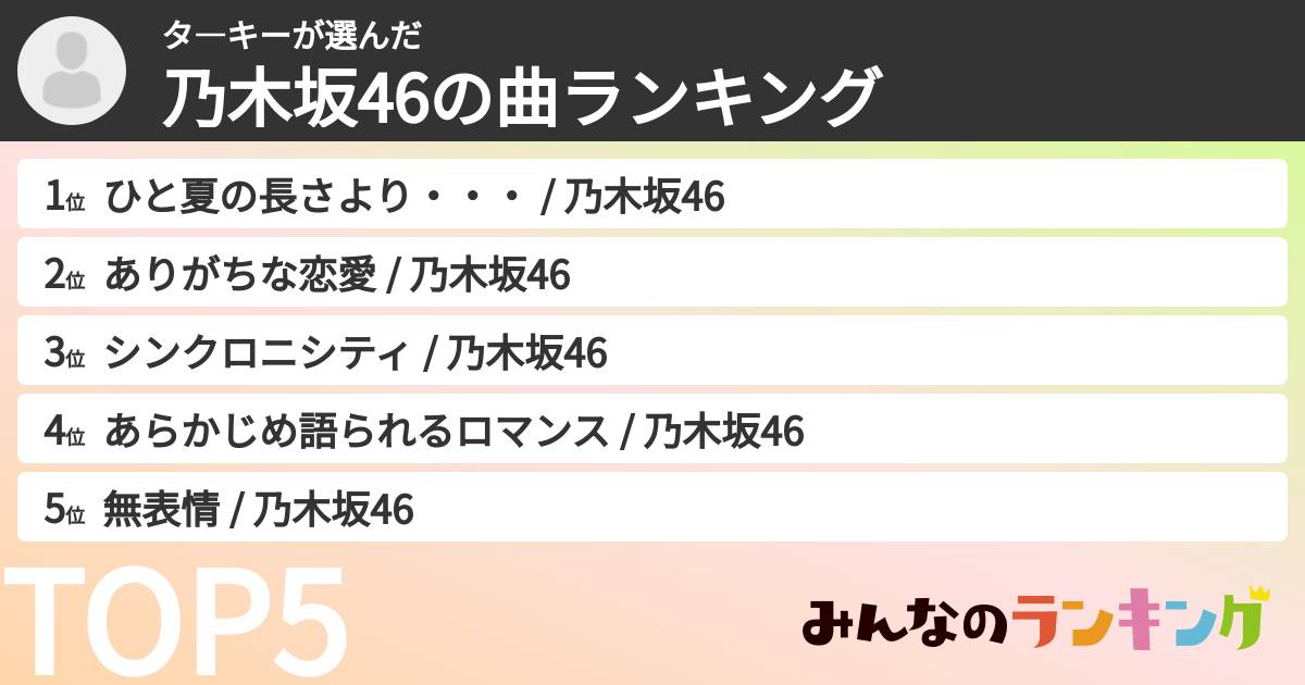 タ―キーさんの「乃木坂46の曲ランキング」