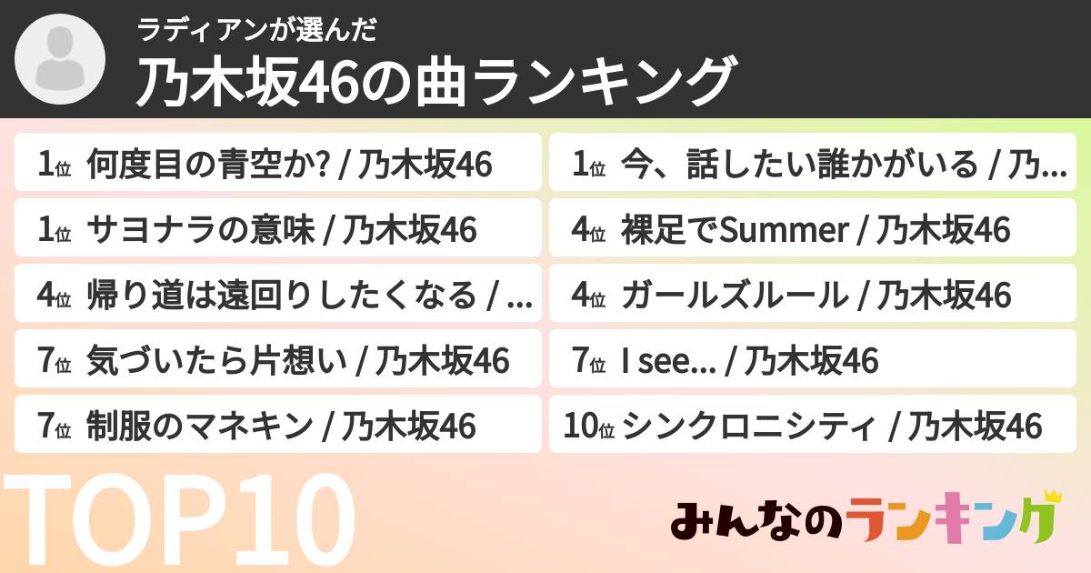 ラディアンさんの「乃木坂46の曲ランキング」