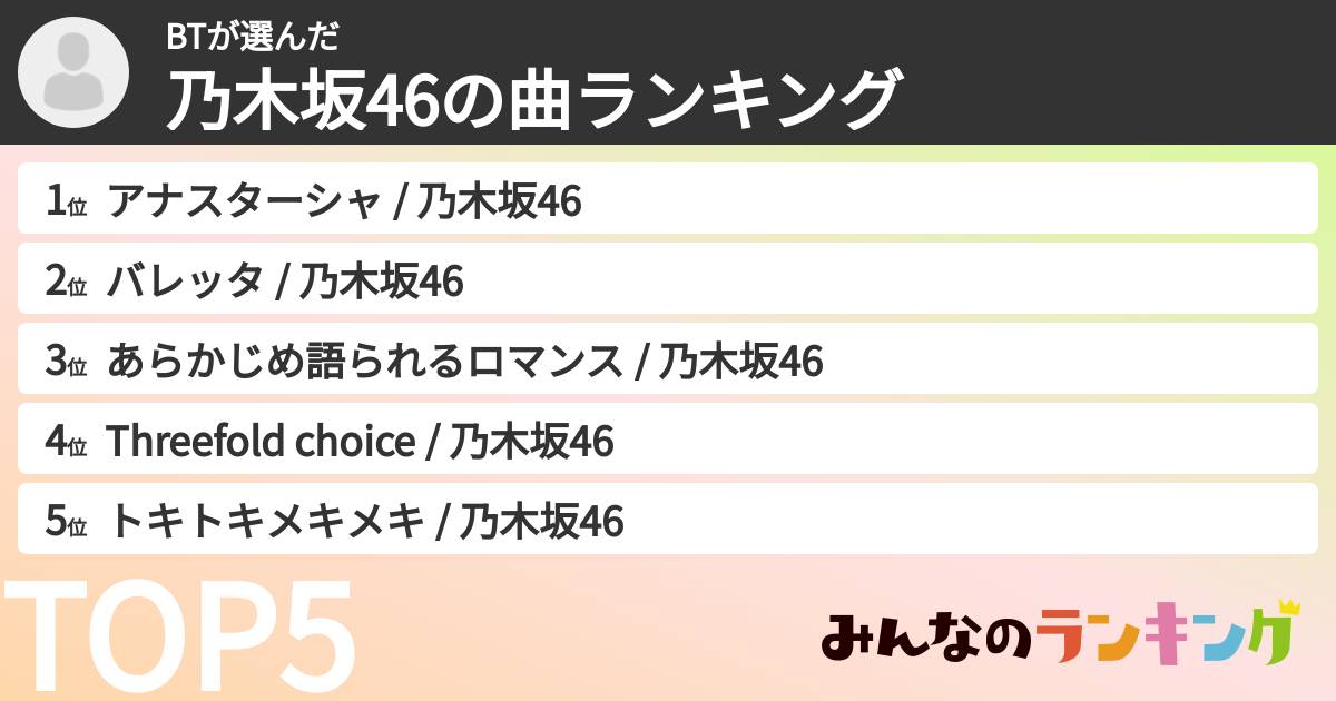 BTさんの「乃木坂46の曲ランキング」