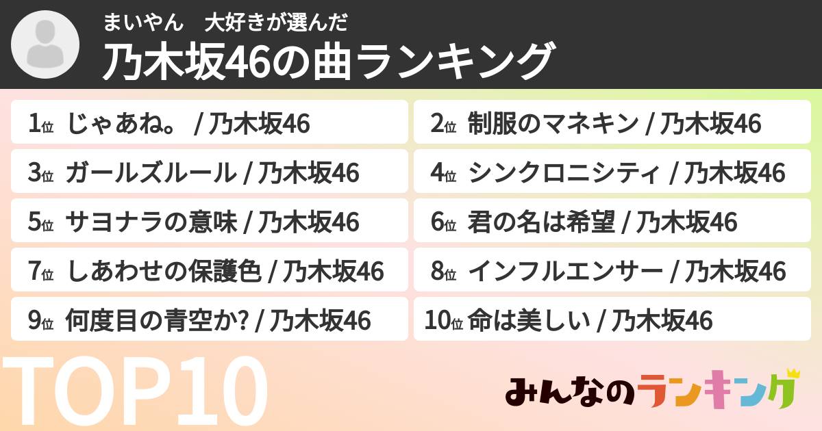 まいやん　大好きさんの「乃木坂46の曲ランキング」