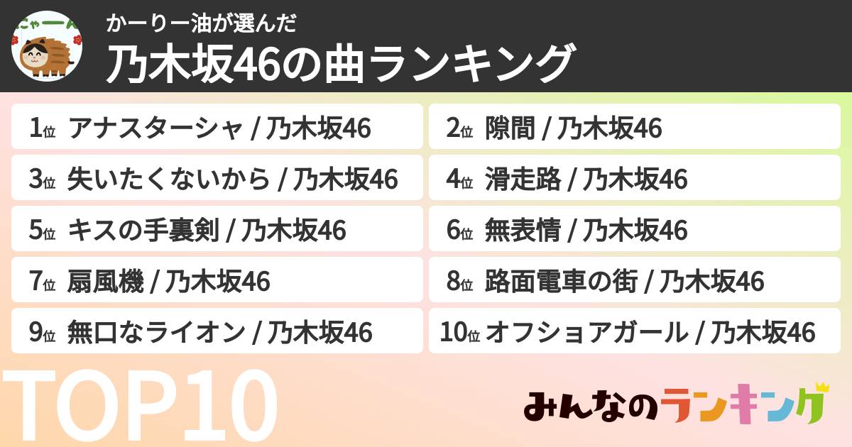 かーりー油さんの「乃木坂46の曲ランキング」