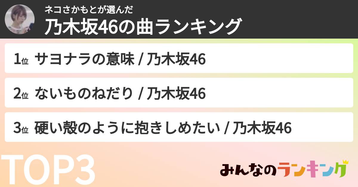 ネコさかもとさんの「乃木坂46の曲ランキング」