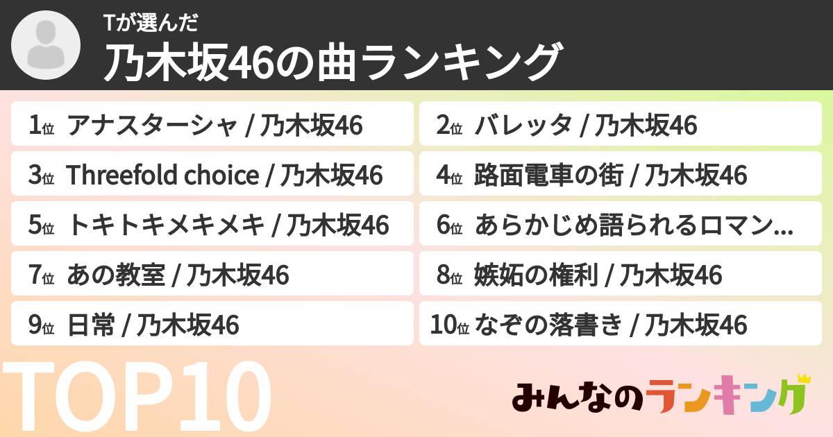 Tさんの「乃木坂46の曲ランキング」