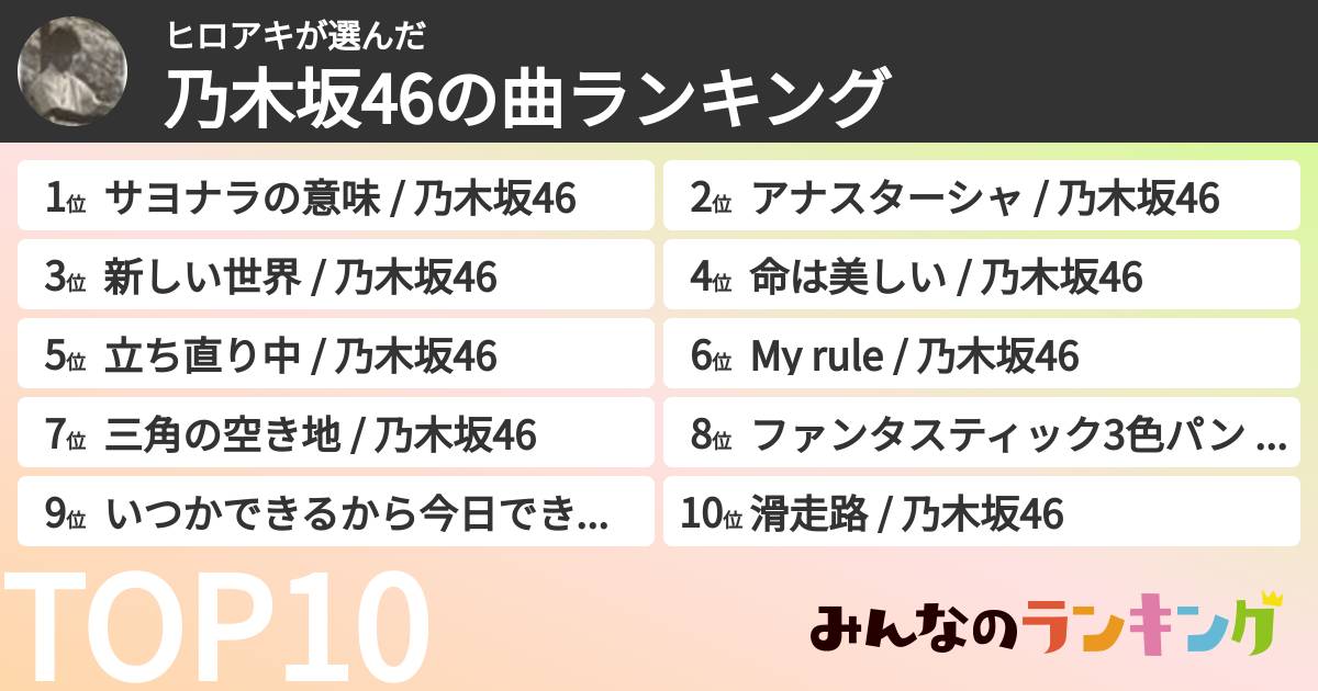 ヒロアキさんの「乃木坂46の曲ランキング」