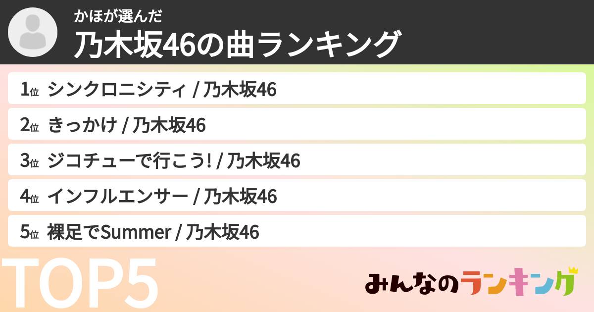 かほさんの「乃木坂46の曲ランキング」
