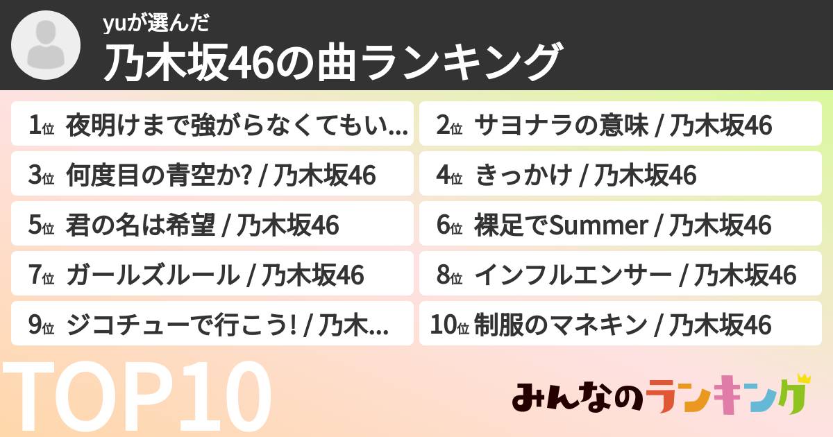 yuさんの「乃木坂46の曲ランキング」