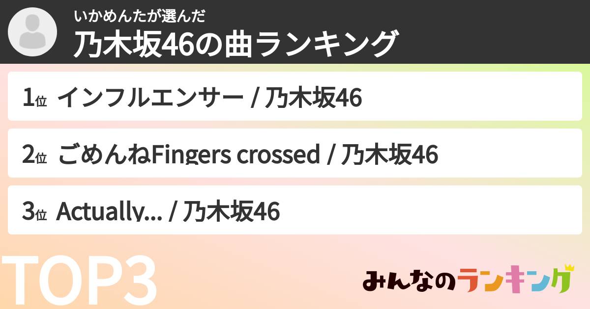 いかめんたさんの「乃木坂46の曲ランキング」