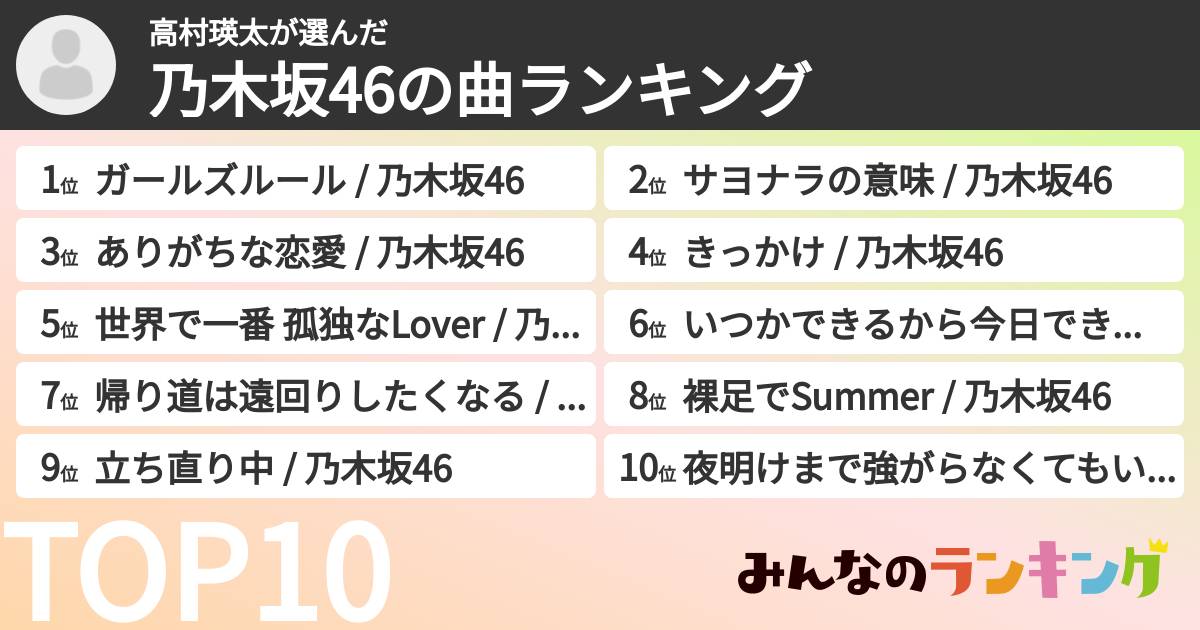 高村瑛太さんの「乃木坂46の曲ランキング」