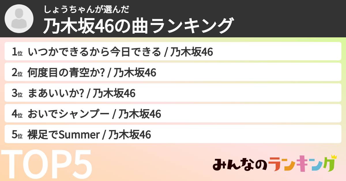 しょうちゃんさんの「乃木坂46の曲ランキング」