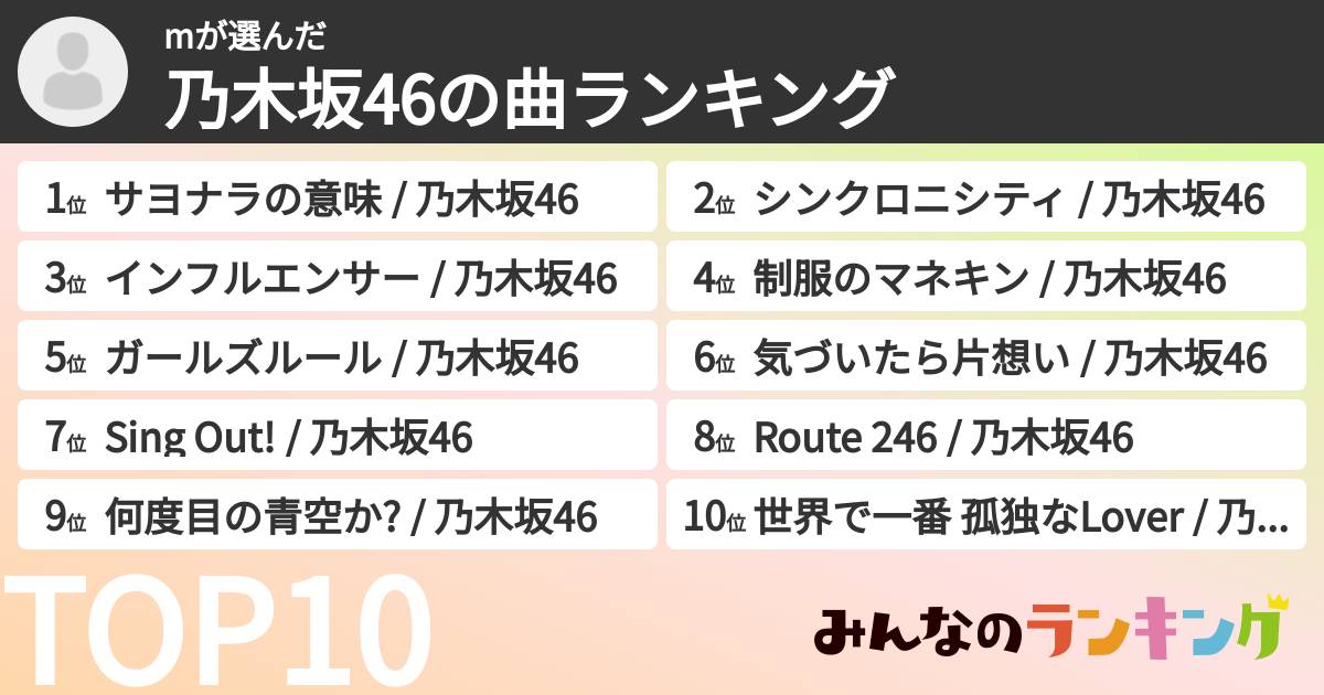 mさんの「乃木坂46の曲ランキング」