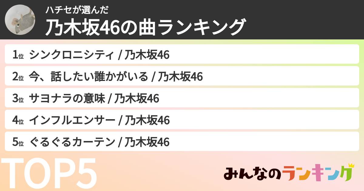 ハチセさんの「乃木坂46の曲ランキング」