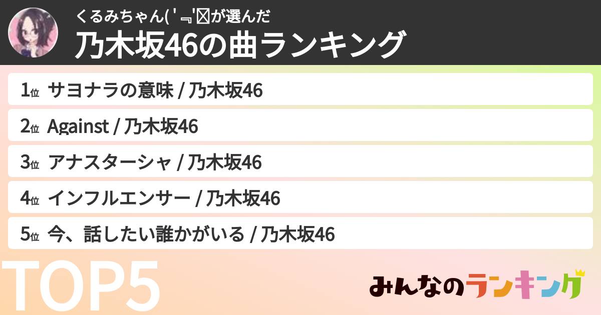 くるみちゃん( '﹃'⑉さんの「乃木坂46の曲ランキング」