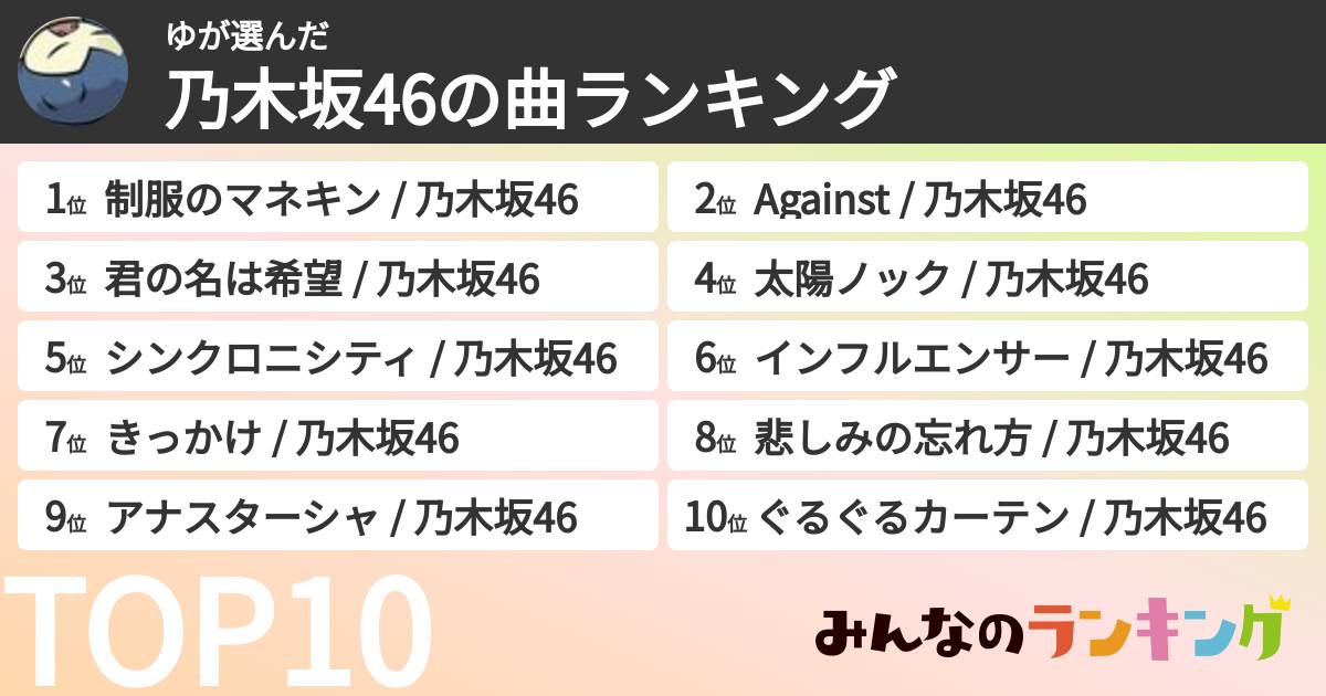 ゆさんの「乃木坂46の曲ランキング」