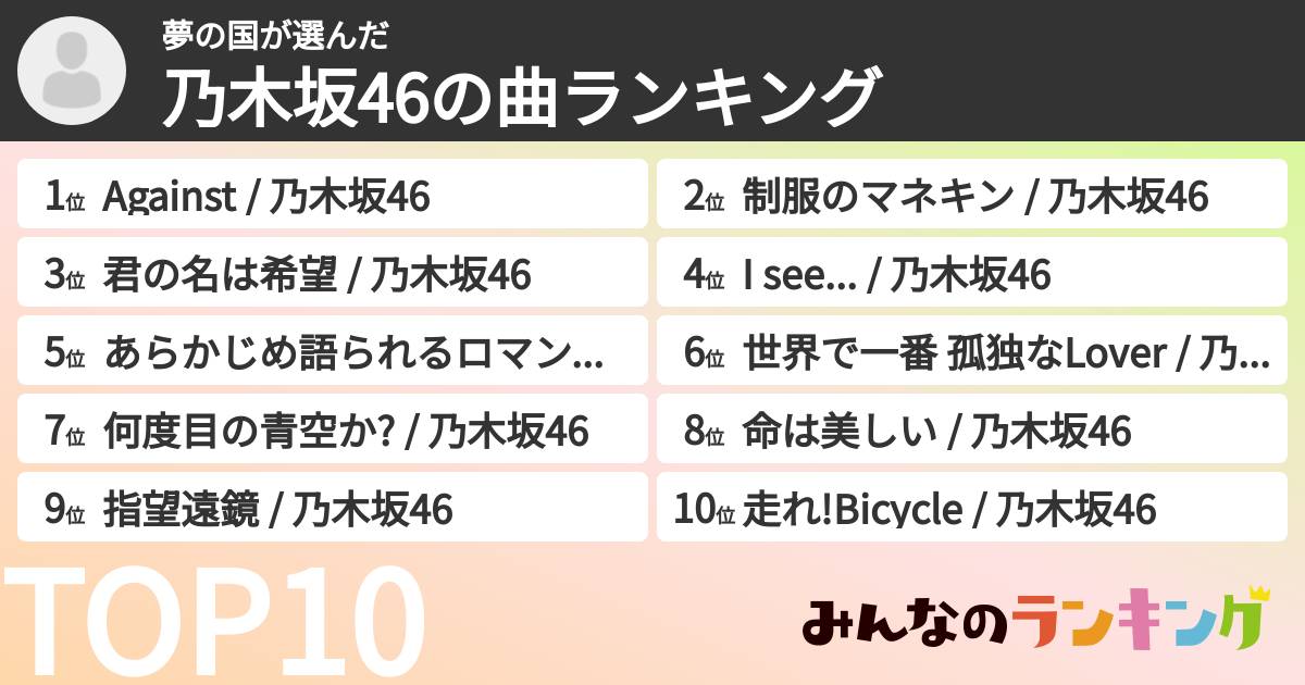 夢の国さんの「乃木坂46の曲ランキング」