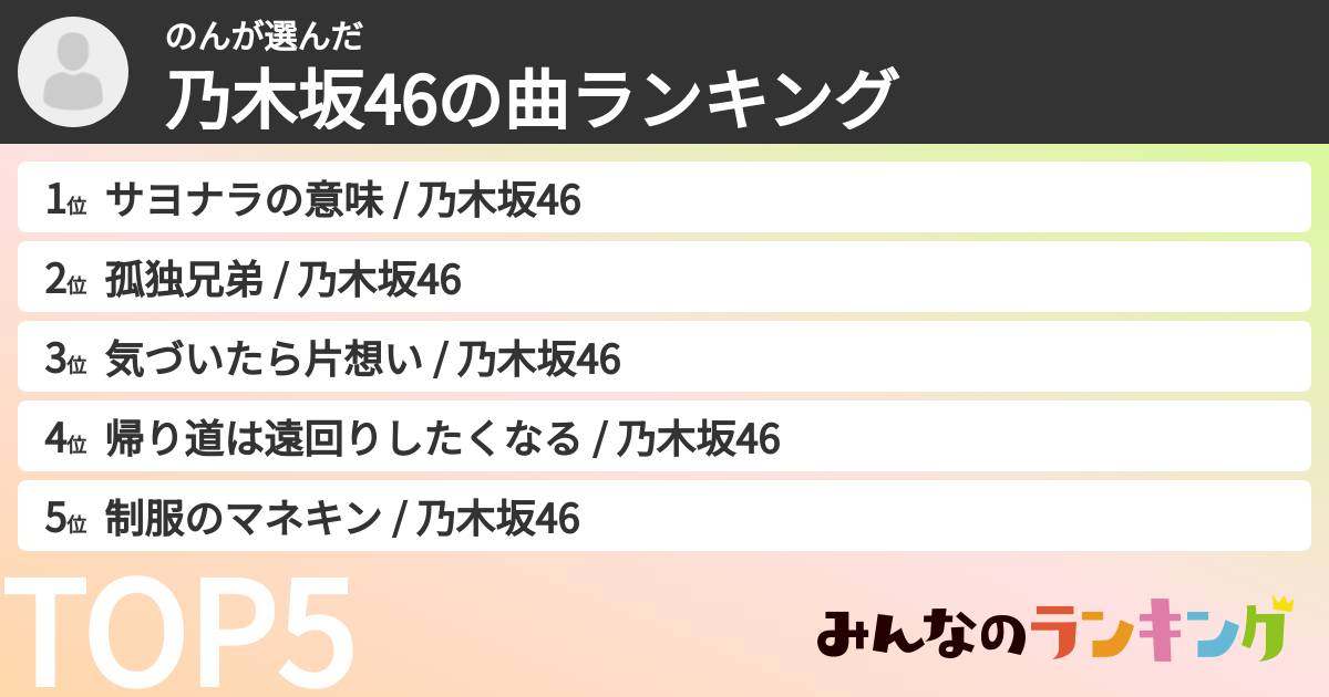 のんさんの「乃木坂46の曲ランキング」