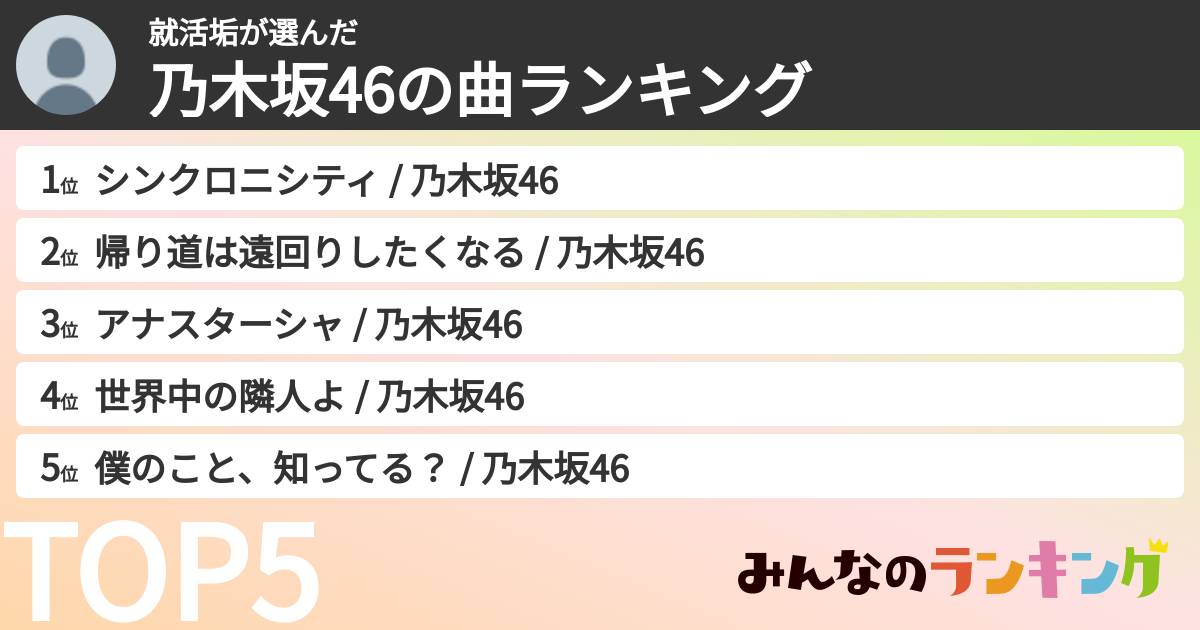 就活垢さんの「乃木坂46の曲ランキング」