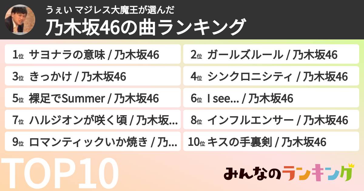 うぇい マジレス大魔王さんの「乃木坂46の曲ランキング」